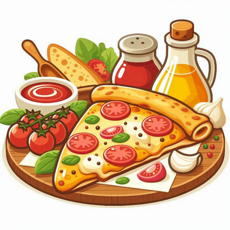 Illustration of a pizza on a cutting board with tomato sauce and ingredientsのイラスト素材