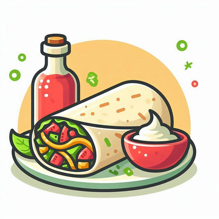 Tortilla with sauce and vegetables on plate. Vector illustration.のイラスト素材