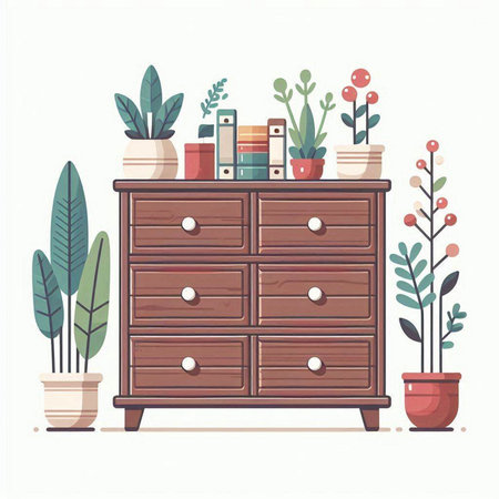 Vector illustration of a wooden chest of drawers with plants in potsのイラスト素材