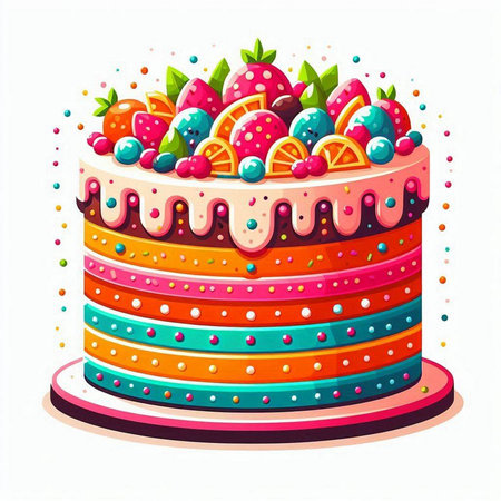 Colorful birthday cake with fruits isolated on white background. Vector illustration.のイラスト素材