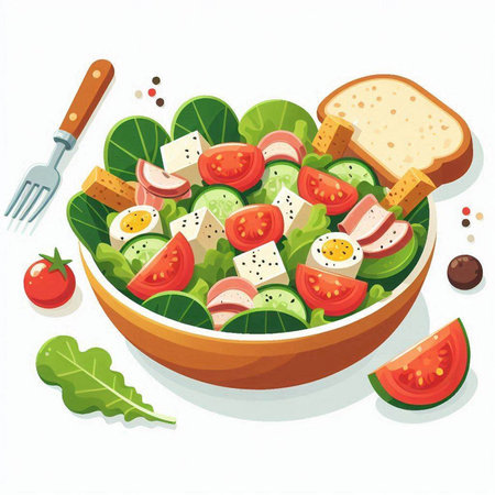 Salad with vegetables and cheese in a bowl. Vector illustration.のイラスト素材