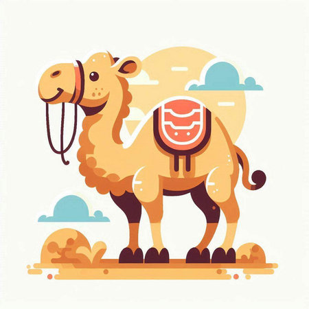 Camel in the desert. Vector illustration in flat cartoon style.のイラスト素材