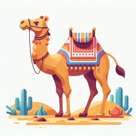 Camel in the desert. Vector illustration in flat cartoon style.のイラスト素材