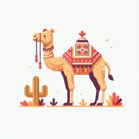 Camel in the desert. Vector illustration in flat cartoon style.のイラスト素材