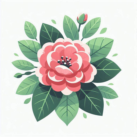 Camellia flower with green leaves on white background. Vector illustration.のイラスト素材
