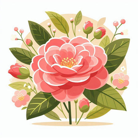 Vector illustration of a beautiful pink rose with green leaves on a white background.のイラスト素材