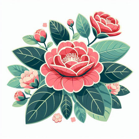 Vector illustration of a red camellia with green leaves on a white backgroundのイラスト素材