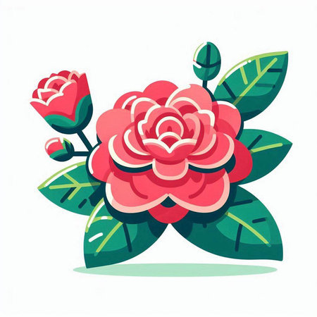 Camellia flower vector illustration. Hand drawn red rose with green leaves.のイラスト素材