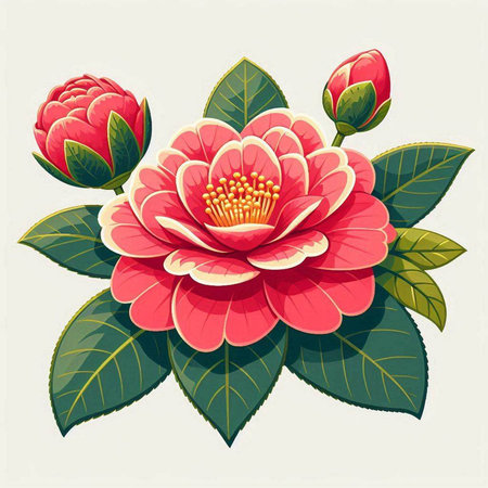 Camellia flower with leaves and buds, vector illustration.のイラスト素材
