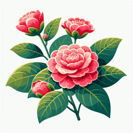 Camellia flower and leaves isolated on white background. Vector illustration.のイラスト素材
