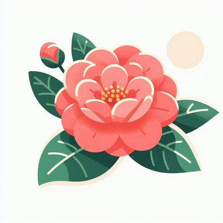 Camellia flower with leaves on white background. Vector illustration.のイラスト素材