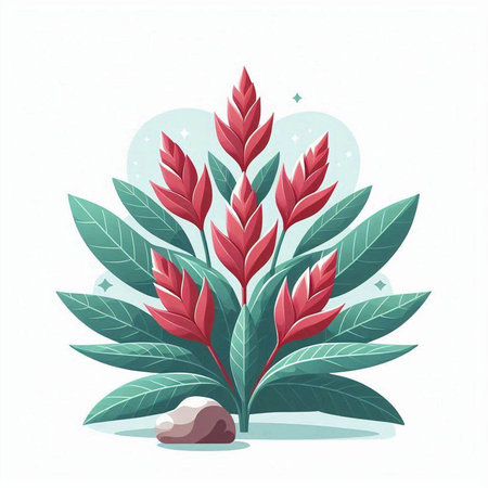 Illustration of green leaves and red flower on white background - vectorのイラスト素材