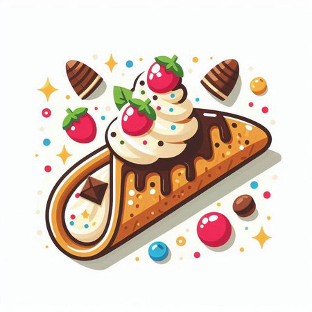 Vector illustration of a slice of cake with whipped cream and strawberries.のイラスト素材