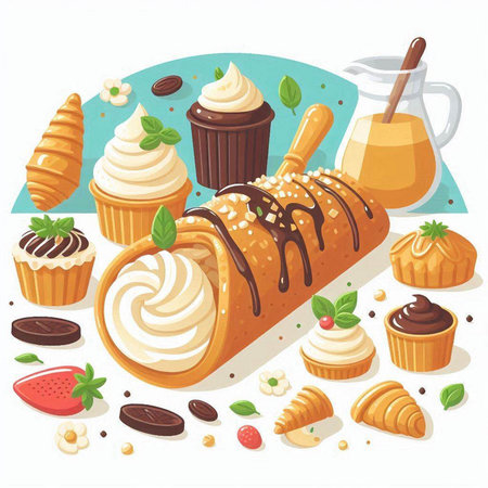 Coffee, chocolate, ice cream, croissant, muffin. Vector illustrationのイラスト素材
