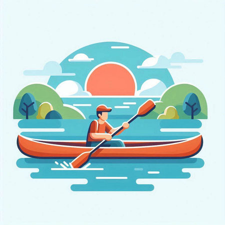 Kayaking on the river in the summer. Vector illustration in flat styleのイラスト素材