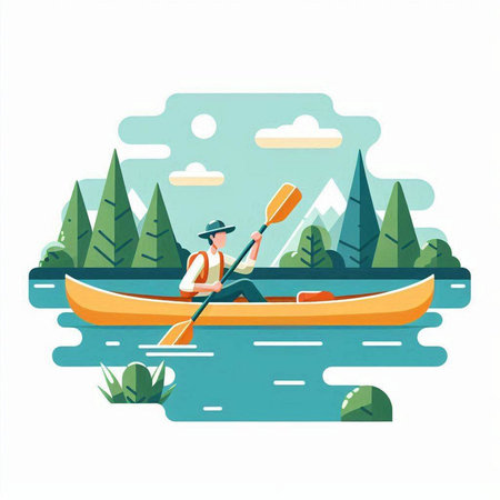 Kayaking on the river. Vector illustration in flat cartoon style.のイラスト素材