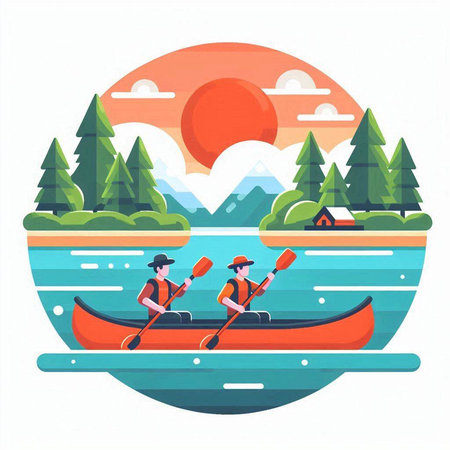 Man and woman kayaking on the lake. Vector illustration in flat styleのイラスト素材