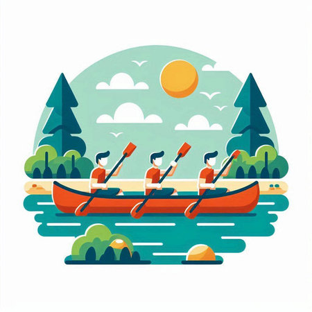 Kayaking on the river. Vector illustration in flat design style.のイラスト素材