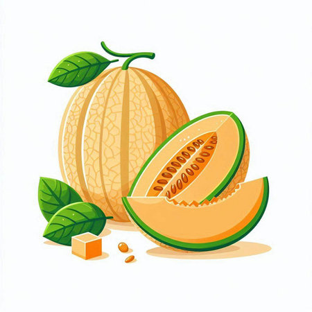 Melon with slices and leaves isolated on a white background. Vector illustration.のイラスト素材