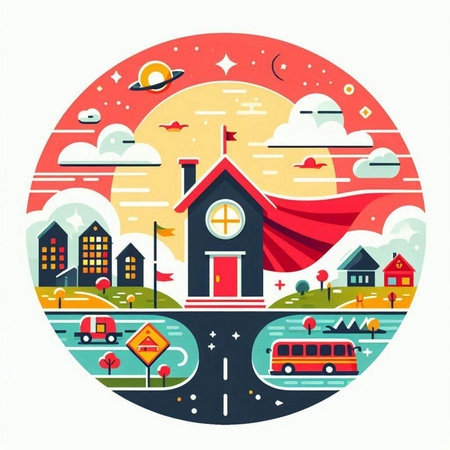 Cityscape with road, houses, cars and bus. Vector illustrationのイラスト素材