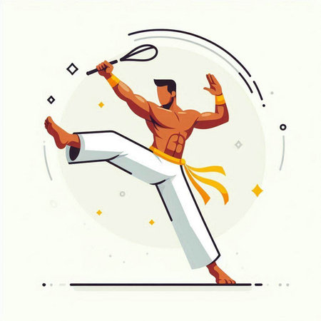 Vector illustration of a man practicing karate with racket and ball.のイラスト素材