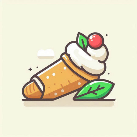 Ice cream cone with cherry and green leaves. Vector illustration in flat style.のイラスト素材