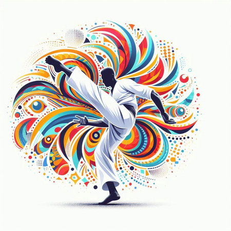 Karate vector illustration with colorful abstract background. Karate man in kimonoのイラスト素材