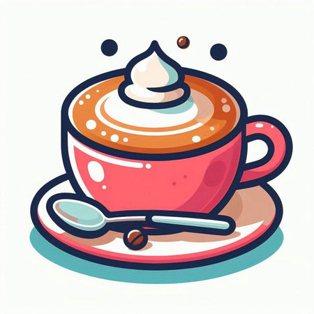 Cup of coffee with whipped cream and spoon. Vector illustration.のイラスト素材