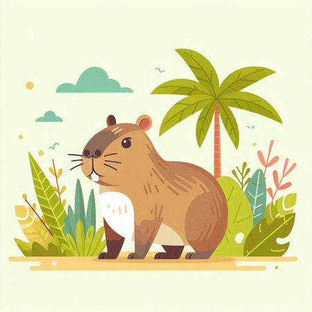 Cute beaver in the jungle. Vector illustration in flat styleのイラスト素材