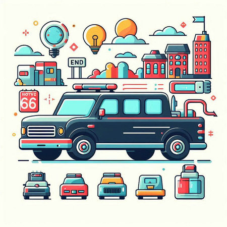 Vector illustration of modern flat line icons set of travel, transportation, journey, journey, adventure.のイラスト素材