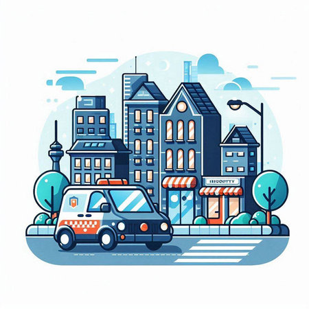 Cityscape with buildings, cars and road. Vector illustration in flat styleのイラスト素材