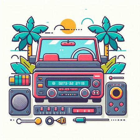 Retro radio set with palm trees. Vector illustration in line art style.のイラスト素材