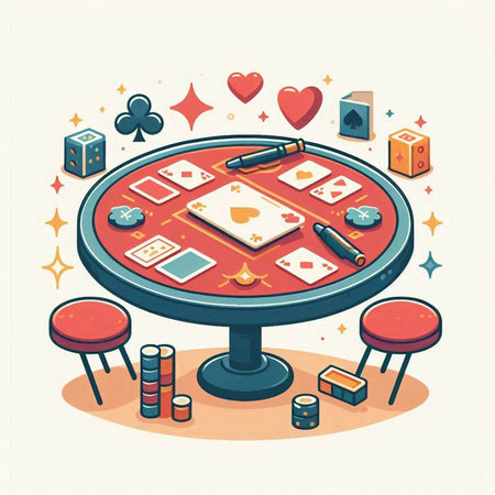 Flat design vector illustration of casino table with poker chips and cards.のイラスト素材