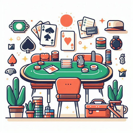 Poker table with cards and chips. Vector illustration in line art style.のイラスト素材