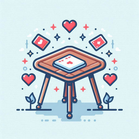 Flat line art style vector illustration of a table with books and hearts.のイラスト素材