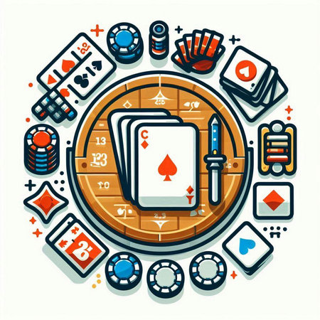 Colorful vector illustration in flat linear style of playing cards, chips and roulette wheel.のイラスト素材