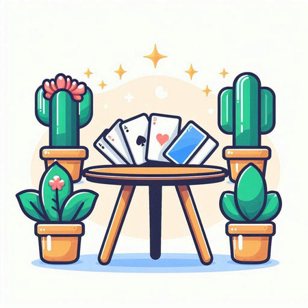Cute vector illustration of a table with cacti, succulents and poker cardsのイラスト素材