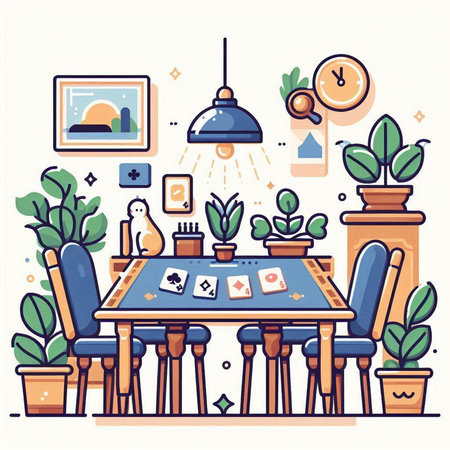 Dining room interior with furniture, table, chairs, table lamp, lamps, potted plants. Vector illustration.のイラスト素材