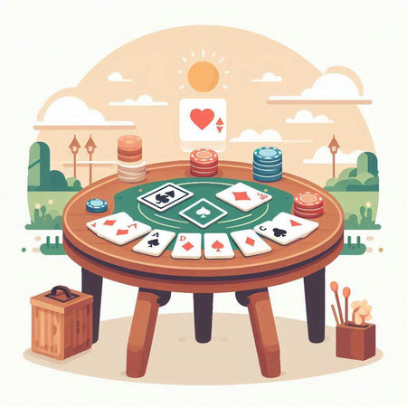 Poker table with cards and chips. Vector illustration in flat styleのイラスト素材