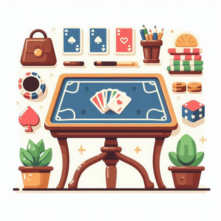 Casino game table with chips, cards, dice, bag and other items. Vector illustrationのイラスト素材