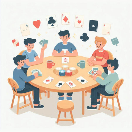 Group of people playing cards at the table. Flat vector illustration.のイラスト素材