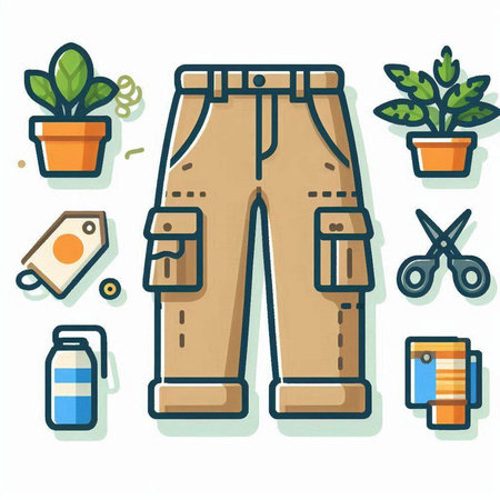 Trousers and accessories icon set in flat style. Vector illustration.のイラスト素材
