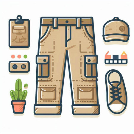 Jeans, shorts, sneakers and cap. Vector illustration in a flat style.のイラスト素材