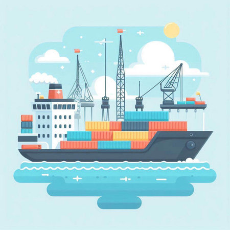 Cargo ship. Freight transportation. Vector illustration in flat styleのイラスト素材