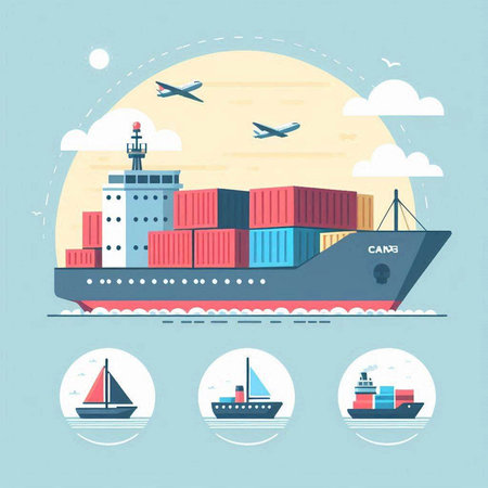 Cargo ship. Vector illustration in flat design. Set of icons for cargo shipping.のイラスト素材