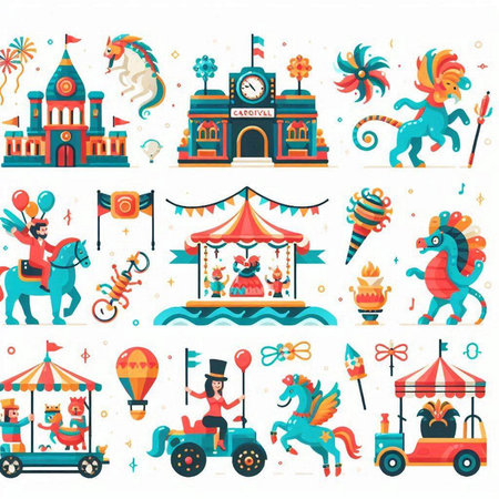 Amusement park carnival icons set with carousels and rides isolated vector illustrationのイラスト素材