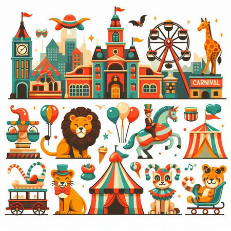 Amusement park and circus elements. Vector illustration in cartoon styleのイラスト素材