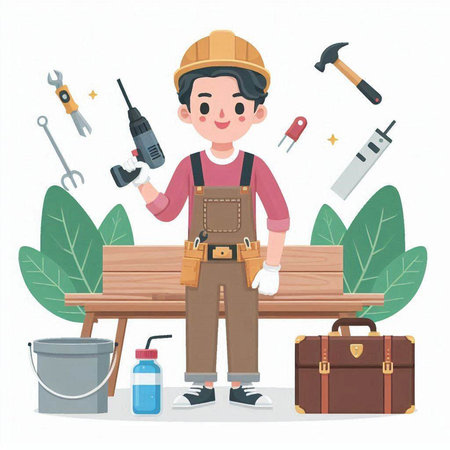 Carpenter with tools and equipment. Vector illustration in cartoon style.のイラスト素材