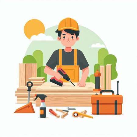 Carpenter working with a planer. Vector illustration in cartoon styleのイラスト素材