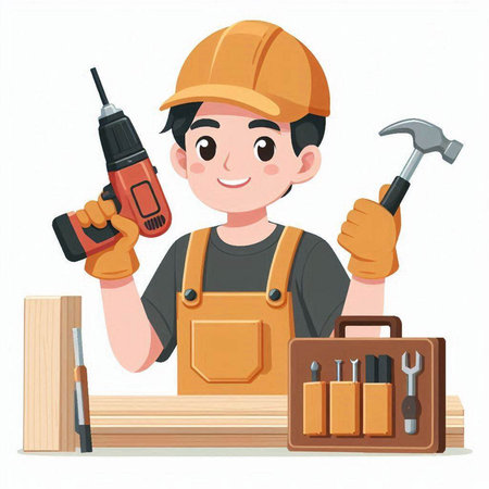 Carpenter with tools. Vector illustration in a flat style.のイラスト素材
